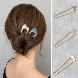 여자 예쁜 마블 칼라 메날 올림머리 U자형 골드 비녀 한복머리장식 헤어핀