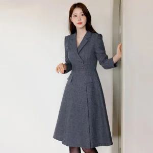 [시크라인] (~XXL까지) 벨로리아 카라 투버튼 트위드 플레어 원피스 겨울 하객룩 오피스룩 모임룩 격식룩 빅사이즈