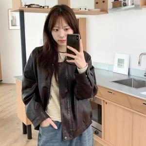 여자 힙무드 레더 루즈핏 카라넥 가죽 자켓