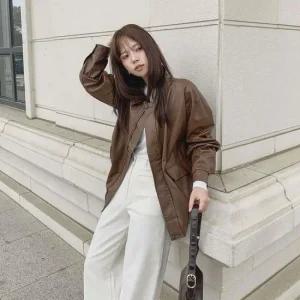 여자 힙무드 카라넥 포켓 루즈핏 레더 자켓