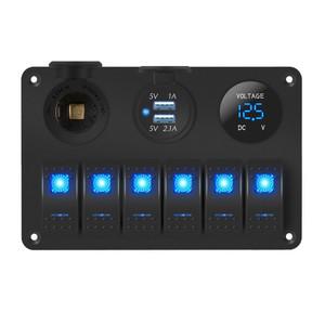 6갱 해양 로커 스위치 패널 방수 12 볼트, 보트 토글 파란색 LED 조명 자동차 RV UTV USB