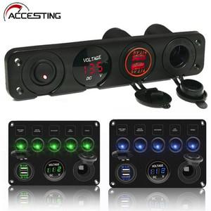 디지털 전압계가있는 LED 로커 스위치 패널 자동차 해양 보트 용 듀얼 USB 포트 12V 콘센트 조합 방수
