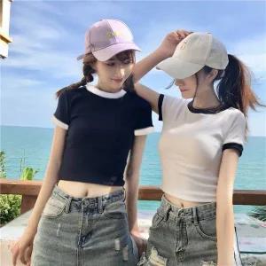 [하프클럽/]레이어드 배색 코튼 면티 스퀘어넥티 배꼽티 기