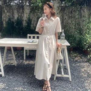 [하프클럽/]롱 원피스 카라 밴딩 플레어 셔츠 여성 롱원피스