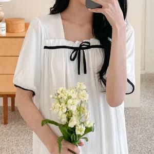 (반팔) 리본 셔링 원피스 여성용 홈웨어 파자마 이지웨어