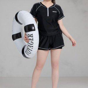 [옷자락]여성 배색 반집업 셔링 반팔 티셔츠와 속바지 세트 수영복