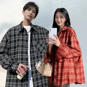 커플룩 남녀공용 봄가을 체크셔츠 오버핏 긴팔 레이어드자켓
