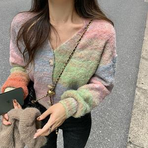 가을 V넥 파스텔톤 무지개색 레인보우 여성 니트 크롭가디건 숏가디건 그라데이션 Y548