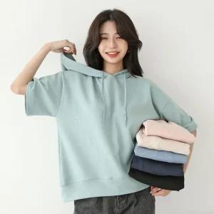 보보 국산 여성 5부 루즈핏 후드 반팔 맨투맨 면 티셔츠 AMI-WSH-3264-소라