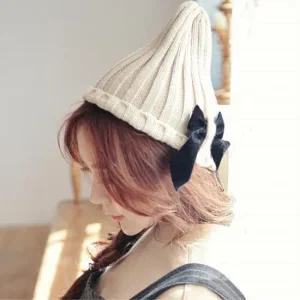 겨울 모자 리본장식 니트 골지 콘 꼬깔 비니 베레모  38308723)