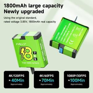 GoPro 8 7 Hero 6 5 배터리 팩 + 3 슬롯 LED 유형 C 충전 카드 보관함 1800mAh 카메라 Bateria