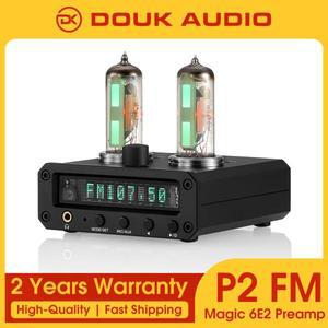 Douk Audio P2-FM 매직 6E2 프리앰프 스테레오 헤드폰 앰프, 사운드 레벨 표시기 FM 라디오 시계