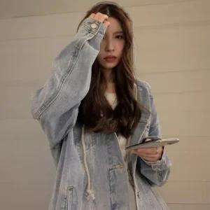 여성 캐주얼 포켓 후드 레이어드 루즈핏 청자켓