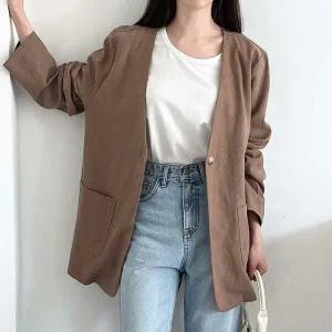 여자 클리비지 박시핏 V넥 마원단 큰사이즈 자켓_4