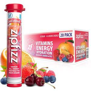 Zipfizz 데일리 에너지 드링크 파우더, 과일 펀치, 20팩 3-in-1 지속 에너지, 빠른 수분 공급 및 필수 비타민 무설탕 전해질 파우더에는 B-12와 제가 함유되어 있습니