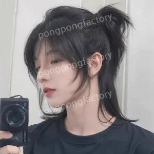 자연스러운 남자 장발 가발 긴헤어 헤어 남성 통가발 인모 블랙 뒷머리 내츄럴 긴머리 패션
