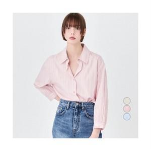 ELLE PARIS 여성용 스트라이프 7부 소매 블라우스
