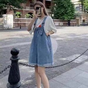 여성 롤업 데님 멜빵 반바지 캐주얼 오버롤 점프수트