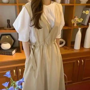 퍼프소매 티셔츠 레이어드 랩원피스 세트 캐주얼룩