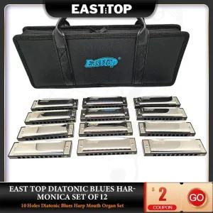 EASTTOP 하모니카 T10-3-12 10 홀 디아토닉 블루스 성인 전문가용 12개 키 세트블랙 케이스