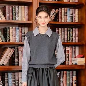 [샵앤]여성 니트조끼 레이어드 스트라이프 긴팔 셔츠 21DS-WBL-4996-그레이