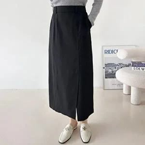 [샵앤]여성 뒷밴딩 슬림 2줄라인 앞트임 정장 롱스커트 NYS-WSK-4955-블랙