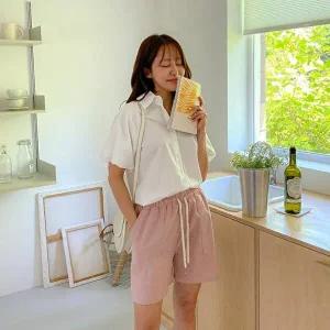 [신상오픈런]|KMP90A0|여성 단색 린넨 코튼 허리 스트링 밴딩 숏팬츠