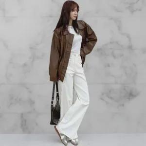 여성 힙무드 카라넥 포켓 루즈핏 가죽 자켓