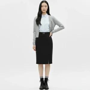 [샵앤][샵앤] 국산 여성 H벨트 앞트임 스판 정장 무릎 스커트 NS-WSK-20849-블랙