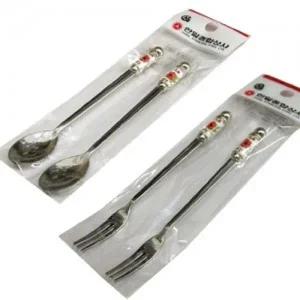 세라믹 빨간꽃구슬 롱스푼 롱포크 커피 과일 디저트