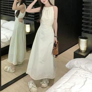[하프클럽/]여성 아이보리 홀터넥 롱 원피스 민소매 바캉스