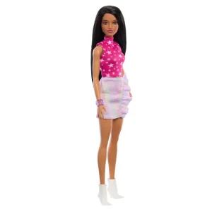 Barbie 패셔니스타 인형 215 블랙 스트레이트 헤어 핑크 스타 프린트 탑 무지갯빛 스커트 65주년 기념 수집