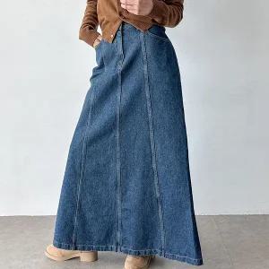 여자 키큰녀 맥시 플레어 절개 논스판 데님 롱스커트