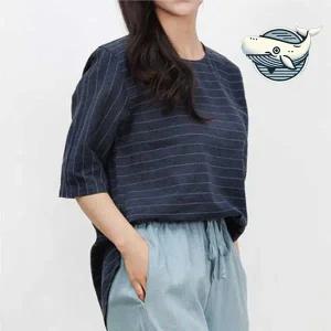 여름 린넨 홈웨어 스트라이프 반팔 티셔츠