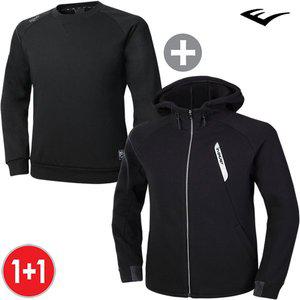 [에버라스트]보온 기모 스웨이트 후드집업자켓+맨투맨 티셔츠 E-538UBK+E-204UBK 2종 세트 트레이닝복 ...