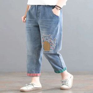 중년여성청바지 엄마 청바지 편한 배기팬츠 밴딩 자수