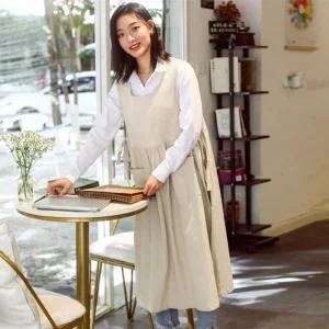 홈앤 통 원피스 앞치마 오트밀/카페 작업용 미술 작업 린넨 에이프런 주름 가정용 원예 공방 요리용 화방