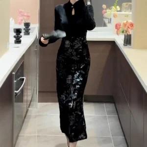 여성 분위기 가을 롱 슬림 벨벳 자수 원피스 랩 스커트 스포M3
