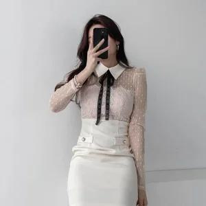 여자 리본 카라넥 시스루 타이트 미니원피스_4