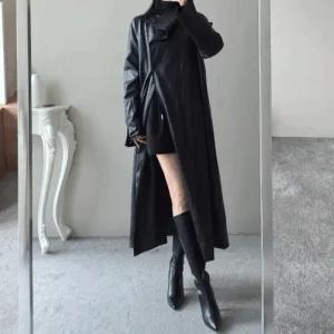 [하프클럽/엘린무드]페노메노 오버핏 인조가죽 레더 러플 카라 롱 맥시 트렌치 코트 (2color)