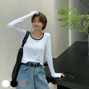 배색 넥라인 데일리 기장 크롭한 클래식 긴팔티 가을