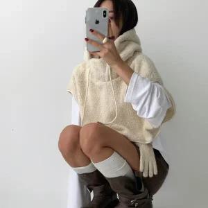 여자 양털 뽀글이 후드 크롭 버튼 숄 가을 겨울 조끼