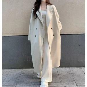 여자 1P 모직 단추 간절기 롱코트 아우터 심플 더블