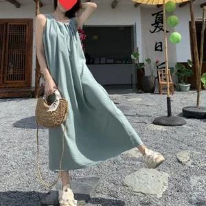 여자 바캉스룩 치마 롱원피스 등트임 1P 셔링 면소재