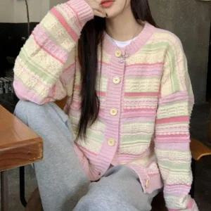 여자 스트라이프 1P 긴팔 외투 가디건 파스텔 솜사탕