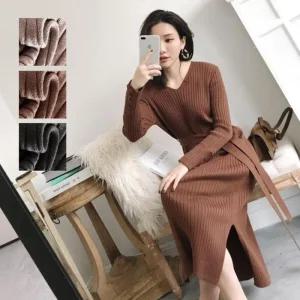 여성 골지 롱치마 슬림핏 롱 베이지 블랙 겨울 원피스 니트 브이넥 가을 캐러멜 봄