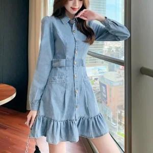 슬림핏 앞단추 원피스 프릴 긴팔 청 프릴청원피스 데님