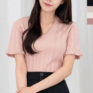 [하프클럽/]여자 깜직한 브이프릴 크롭반팔 니트티