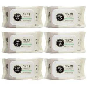 하늘선물 물티슈 캡형 100매x6개 휴대형 유아 아기 물티슈 캡형 피톤치드 티슈 유아 휴지 위생 청소 휴대용