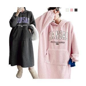 24FW 보아 양털 빅사이즈 후드 롱원피스 배색 프린트 빅포켓 박스원피스